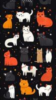 Colorful and playful cat illustrations on a dark background featuring various breeds and poses photo