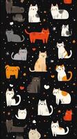 Colorful illustration of playful cats and dogs set against a black background in a whimsical style photo