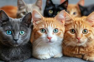 Gathering of different cats with striking eyes in a cozy indoor setting photo