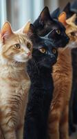 Cats lined up showing distinct fur colors and attention to their surroundings in warm lighting photo