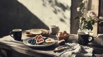 Breakfast table with fresh fruit, coffee, and bread on a sunny morning in a cozy kitchen photo