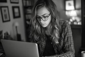 Young woman working intently on laptop in cozy indoor space during evening hours photo