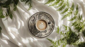 Coffee cup on a patterned saucer surrounded by green ferns on a white fabric backdrop photo