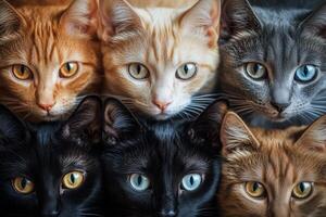Cats of various colors and patterns gathered closely in a cozy setting photo