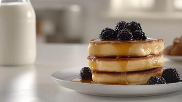 Delicious stack of fluffy pancakes topped with fresh blackberries and syrup on a white plate photo
