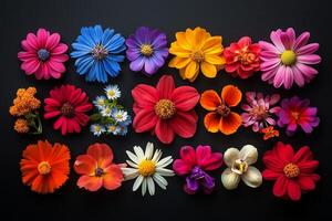 Colorful arrangement of various flowers on a dark background showcasing natural beauty and diversity photo