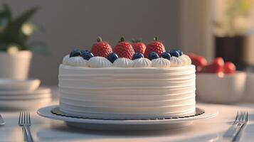 Delicious cake topped with fresh berries on a dining table ready for a celebration photo