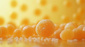Bright yellow candy beads displayed creatively on a vibrant background in a playful arrangement photo