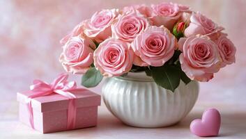 Elegant bouquet of pink roses with a gift box and heart on a soft background photo