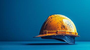 Well-used construction helmet on a blue background showcasing safety equipment importance photo