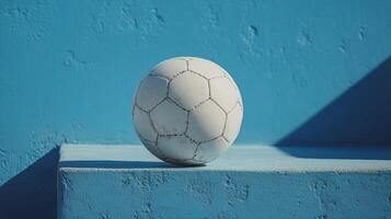 Soccer ball resting on a blue step against a vibrant wall during bright sunlight photo
