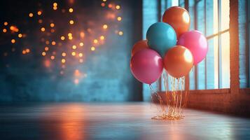Colorful balloons create a festive atmosphere in a dimly lit room with brick walls photo