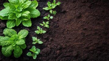 Fresh greens growing in a garden bed with rich soil at midday photo