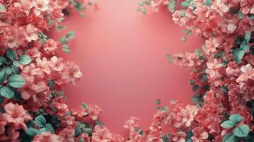 Delicate pink flowers creating a heart shape against a soft pink background in a serene garden setting photo