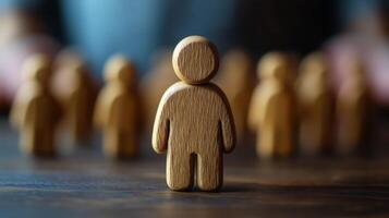 Wooden figure stands out among blurred other figures on table in soft lighting photo