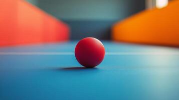 Bright red ping pong ball on blue table in vibrant indoor sports hall setting photo