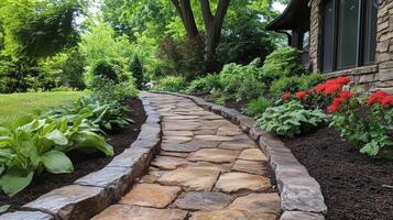 Elegant stone pathway winding through lush garden with vibrant flowers in daylight photo