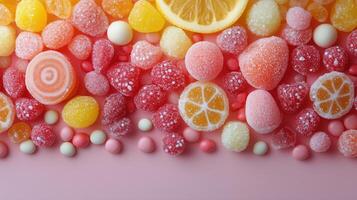 Colorful assortment of gummy candies arranged creatively on a pink surface photo
