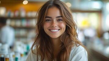 Young woman smiling brightly in a modern cafe during daytime with a vibrant atmosphere photo