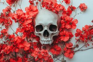 Skull surrounded by bright red flowers creates a striking contrast in artistic composition photo