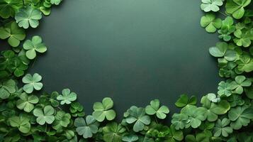 Green clover leaves arranged in a circular pattern on a dark background photo