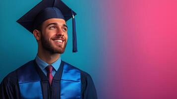 Young man celebrates graduation with cap and gown in vibrant background during joyful moment photo