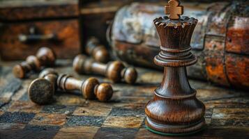 Chess piece captured on vintage wooden board with scattered pieces and antique box in background photo
