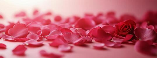 Scattered pink rose petals create a romantic atmosphere for a special occasion photo