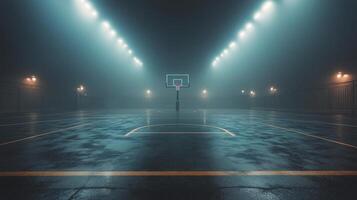 Misty basketball court illuminated by bright lights during a nighttime event photo