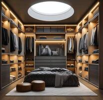 Stylish modern closet design with natural light and organized apparel in a cozy bedroom space photo