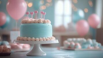 Cake decorated in pastel colors at a festive celebration with balloons and treats photo
