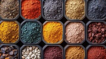 Multicolored spices arranged in containers in a market setting photo