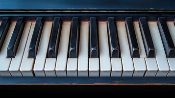 Close-up view of piano keys showcasing the worn condition and contrasting colors of black and white photo