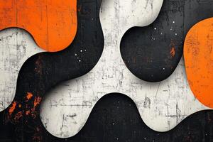 Abstract wall design with black, white, and orange shapes creating a modern aesthetic photo