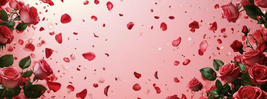 Romantic atmosphere created by scattered rose petals and blooming roses photo