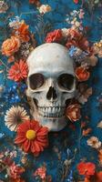 Skull surrounded by vibrant flowers against a blue background photo