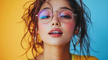 Stylish young woman poses against colorful background while wearing round glasses photo