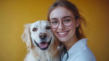 Young woman with glasses smiling alongside a golden retriever in front of a yellow background photo