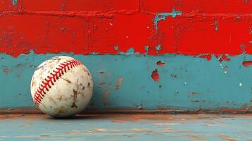 Vintage baseball resting on a weathered surface in an abandoned sports facility photo