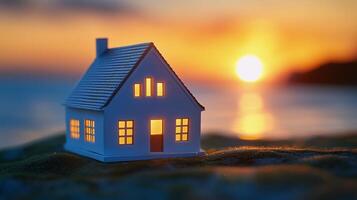 Miniature house model illuminated at sunset by the beach with soft waves gently lapping the shore photo