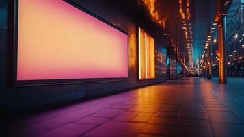 Vibrant urban alleyway with colorful displays and glowing lights at night photo