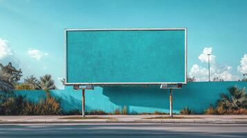 Bright turquoise blank billboard on sunny day in urban setting with blue sky and scattered clouds photo