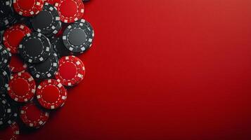 Colorful poker chips scattered on a red background in a gaming atmosphere photo
