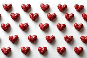 Heart-shaped strawberries arranged in a decorative pattern on a white background photo