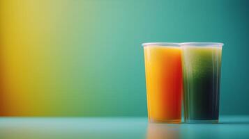Brightly colored drinks in clear cups sit on a table against a vibrant background photo