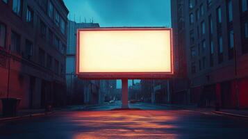 Urban street with a blank billboard illuminated by soft evening light photo