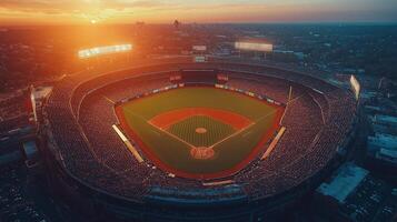 Crowded baseball stadium at sunset with bright lights and enthusiastic fans enjoying the game photo