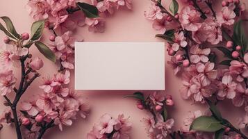 Spring blossoms frame a blank card against a soft pink background for elegant presentations photo