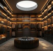 Stylish modern closet design featuring sleek shelves and ambient lighting in a spacious room photo