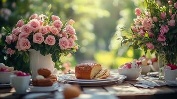 Delicate outdoor table setting with flowers and pastries at a sunny garden gathering photo